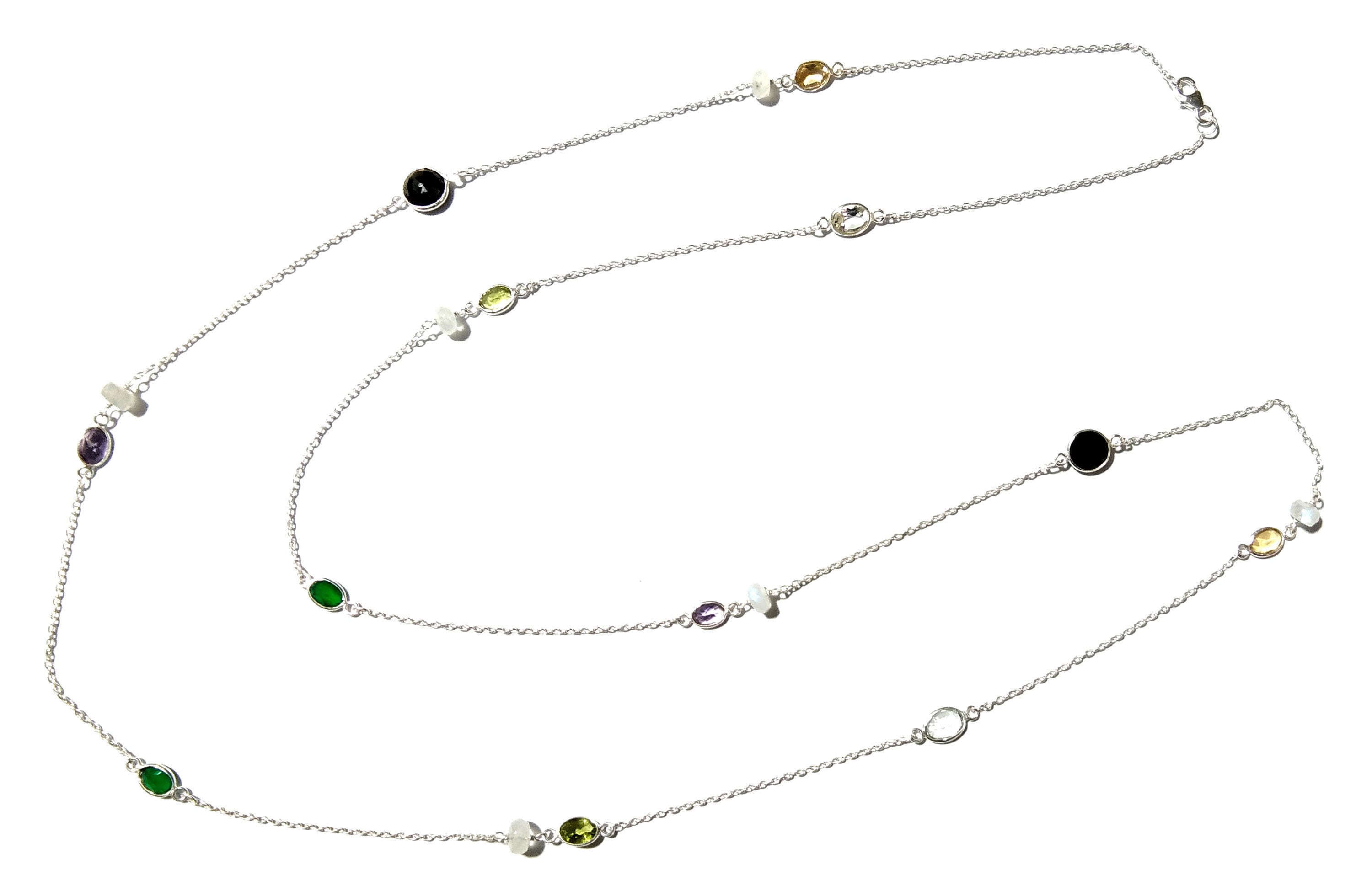 Beautiful Nice Multi Stone Beaded Log Necklace ! Natural Gemstone With 925 Starling Silver Necklace For Girls,Women Necklace Length 36 inch.